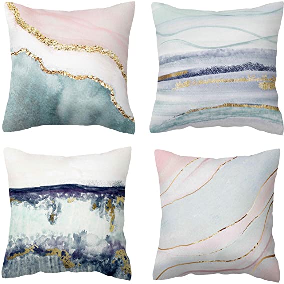 BLUETTEK Printed Watercolor Beach & Ocean Inspired Decorative Pillow Covers, Soft Velvet Accent Cushion Cases 45cm x 45cm (Blush & Mint Waves)