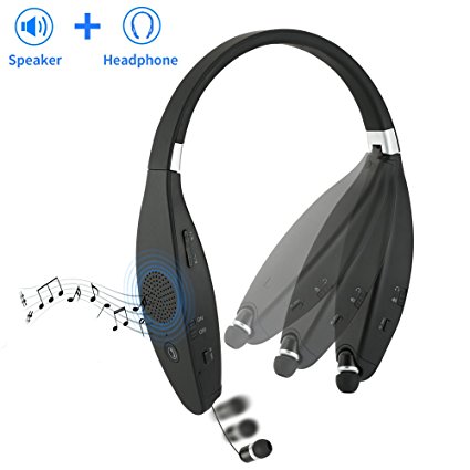 Sindcom Bluetooth Headphones Built-in Wireless Speaker Portable 2-in-1 Design Stereo Foldable Neckband Retractable Sweat-proof Earbuds 32 Hours Long Battery (Headphone) iPhone Android Devices (Black)
