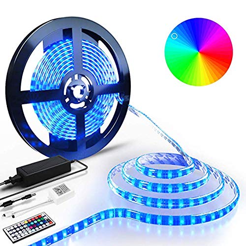 LED Strip Light Kit, 16.4ft 300LEDs Water-Resistant Flexible Multicolor 5050 RGB Lighting   12V5A Power Adapter   44 Key Remote Control for Holiday Home Store Garden Party Indoor Outdoor Decoration