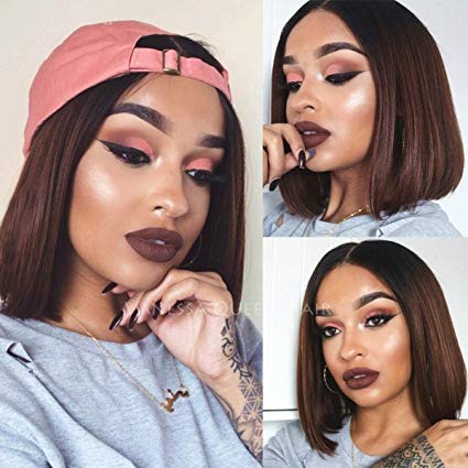 Maycaur Short Straight Human Hair Wigs Ombre Brown Lace Front Wigs Bob Full Lace Wigs For Black Women 150 Density(10inch full lace wig)