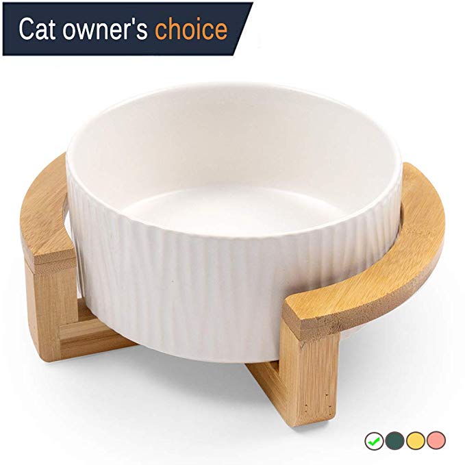 Ceramic Raised Cat Bowl, 20 Ounce Cat Food Bowls or Water Bowls Without Lead and Chrome, Pet Bowl with Bamboo Wooden Frame not Easily Overturned, Gifts for Cats and Puppy