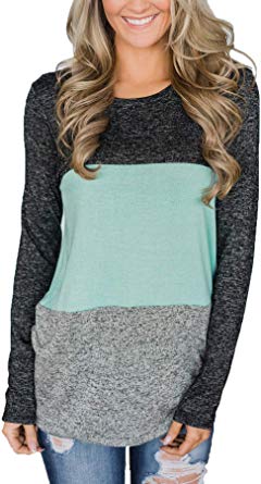LUXUR Womens Casual Color Block Long Sleeve Crew Neck Shirts Tunics Tops for Leggings