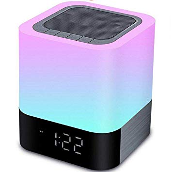 Aisuo Night Light - 5 in 1 Bedside Lamp with Bluetooth Speaker, 12/24H Digital Calendar Alarm Clock, Touch Control Lamp & 4000mAh Rechargeable Battery, Support TF Card & Aux Line, Ideal Gift for Kids