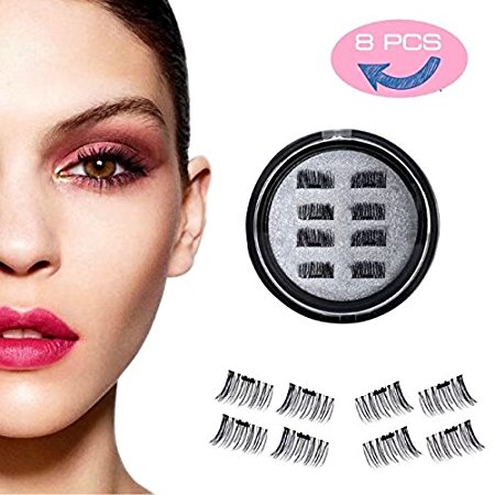 Magnetic Eyelashes - Ultra Thin 3D Fiber Reusable Best Fake Lashes Extension for Natural, Perfect for Round Eyes & Deep Set Eyes (2 Pairs ,8 Pieces)