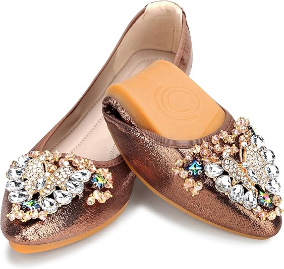 KUNWFNIX Women Ballet Flats Rhinestone Wedding Ballerina Shoes Foldable Sparkly Comfort Slip on Flat Shoes