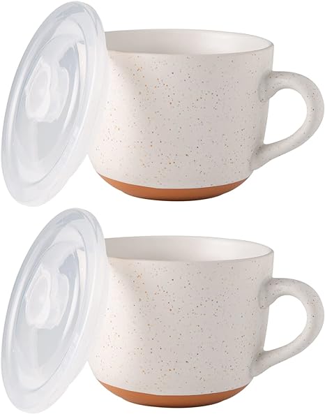 AmorArc Ceramic Soup Mugs with Lid, 24 oz Soup Cups with Hanlde for Coffee,Cereal,Salad,Noodles,Tea,Soup Bowls Cups,Microwave &Dishwasher Safe, Set of 2,Speckled Outside with Vented Lid