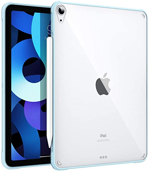 MoKo Case Fit iPad Air 4 - New iPad Air 4th Generation Case 2020 [Support Touch ID and Apple Pencil 2 Charging], Hard PC Clear Back Cover with TPU Air-Pillow Edge Bumper for iPad 10.9", Sky Blue