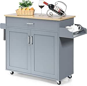 Giantex Kitchen Island, Rolling Kitchen Cart with Spice and Towel Rack, Large Drawer & 2-Door Storage Cabinet, Home Service Cart on Lockable Wheels, Wood Kitchen Trolley, Spacious Tabletop (Gray)