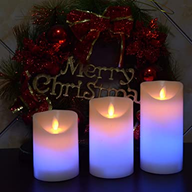 kingleder Battery Operated Pillar Candles,Color Changing Realistic Flickering LED Candle for Hanukkah Decorations,Christmas Decorations,Wall Sconces,Fireplace Decoration(4" 5" 6" Set Remote/Timer)