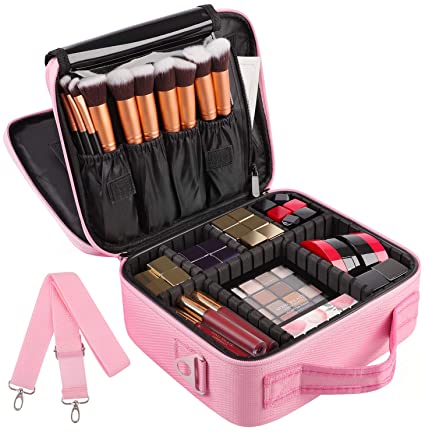 Kootek 2-Layers Travel Makeup Bag, Portable Train Cosmetic Case Organizer with Mirror Shoulder Strap Adjustable Dividers for Cosmetics Makeup Brushes Toiletry Jewelry Digital Accessories