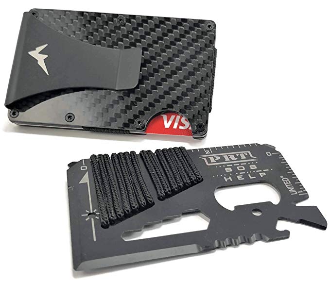 EDC Slim Money Clip Rigid Tactical Wallet-RFID Blocking Minimalist Credit Card Holder w/Paracord Lanyard & Carabiner