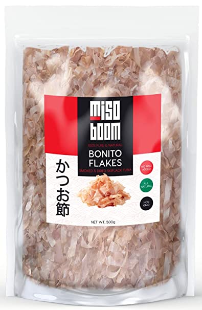 Bonito flakes, 17.6 oz. Japanese Bonito Flakes for Dashi, Katsuobushi Dried Bonito Flakes, Tuna Flakes Japanese Fish Dried, Bonito Shavings, Dried Fish Flakes. Jumbo Bag 17.6oz (500g). By MisoBoom.