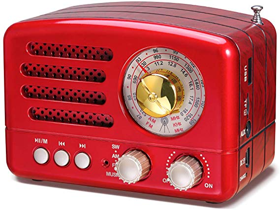 J-160 AM FM Radio Retro Bluetooth Speaker, Transistor Radio Portable Battery Operated Radio with Classical Vintage Look, Built-in USB Port, Micro-SD, AUX Input(Red)