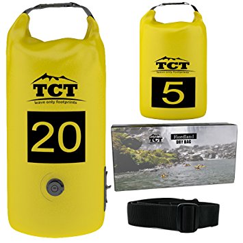 Premium Dry Bags By The Camping Trail. Your Pack includes a 20L (675 oz) Dry Sack and Bonus 5L (170 oz) Waterproof Bag made from durable 500D PVC Tarpaulin.