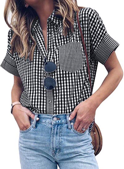 HOTAPEI Womens Casual V Neck Striped Cuffed Sleeve Button Down Collar Blouses Shirts Tops