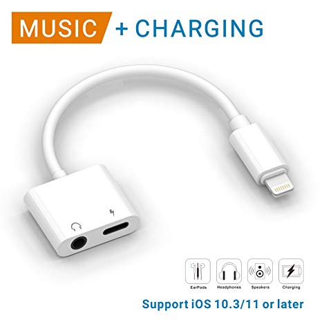 Aux Splitter, 2 in 1 Music and Charge Adapter Compatible with iPhone x, Micarsky 3.5mm Jack Aux Audio Headphone for iPhone X/8plus/7/7plus/XS/XR with iOS 11 and Above