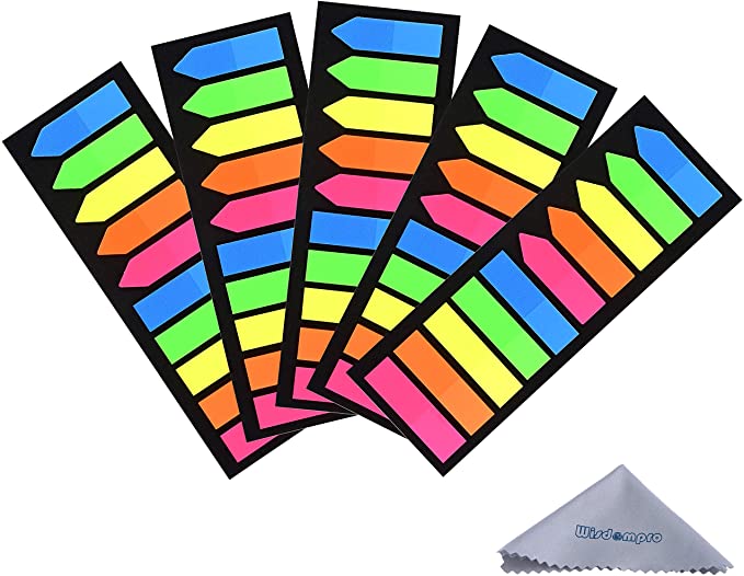 Wisdompro 1000 Pieces Page Markers Index Tabs, Colored Fluorescent Arrow Flag Sticky Notes Writable Labels for Bookmarks, 5 Sets