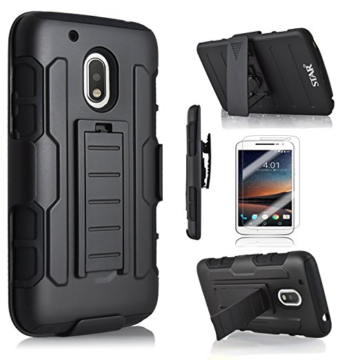 Moto G4 Case, Starshop [Heavy Duty] Dual Layers with Kickstand and Locking Belt Clip With Screen Protector (Black)