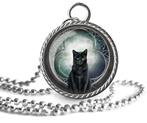 Wiccan Necklace, Black Cat Image Pendant Key Chain Handmade