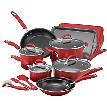 Rachael Ray 16-Piece Hard Porcelain Enamel Nonstick Cookware Set (Red Gradient)