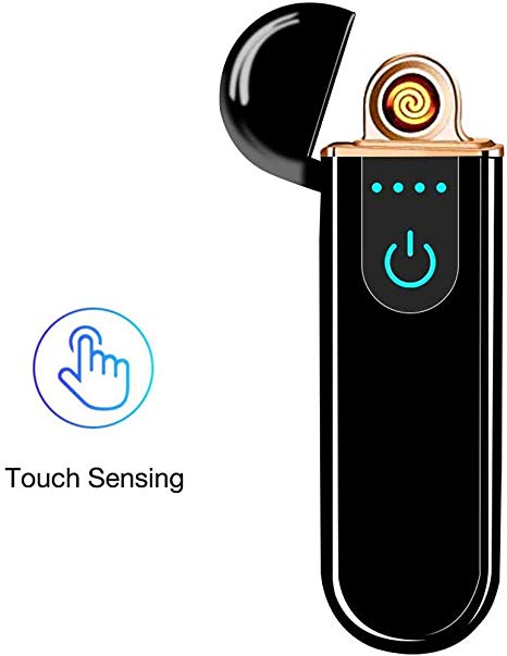 Electric USB Lighter Windproof Rechargeable Slim Coil Lighter with Smart Fingerprint Sensor Double Side Ignition(Black)