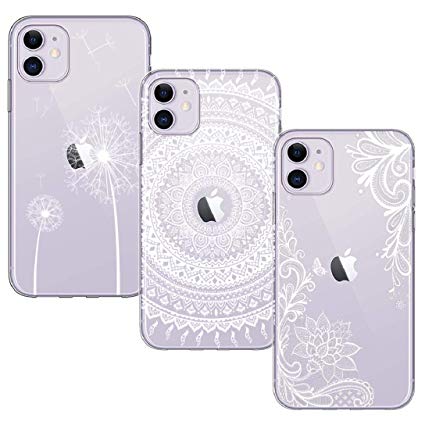BAOWEI [3 Pack] for iPhone 11 Case, Ultra Thin Crystal Clear Soft TPU Silicone Case with Stylish Cute Pattern Protective Cover for iPhone 11 6.1" - White Flower, Mandala & Dandelion