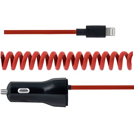 iPhone Car Charger, 3.4A Smart IQ  Apple Lightning Car Charger with Tangle-Free Coiled Cable for iPhone 6S, 6S Plus, SE, 6, 5, 5S, 5, iPad with Extra USB Port (Black / Red)