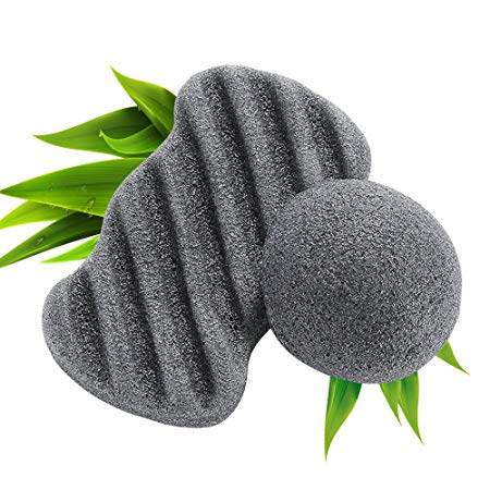 FRESHME 100% Nature Cleanning Charcoal Konjac Sponge - 2 Pack Bamboo Activated Carbon Puff Set Exfoliator Facial & Body Washing Tools for Women Eco-Friendly Material Fit for Dry Oil Sensitive Skin