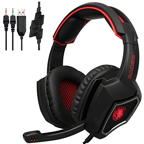 2016 Latest Sades SPIRITWOLF 3.5mm Version PC Over-Ear Stereo Gaming Headset Headband Headphones with Mic, Noise Reduction, Volume Control, LED Light For Computer Gamers(Black Red)