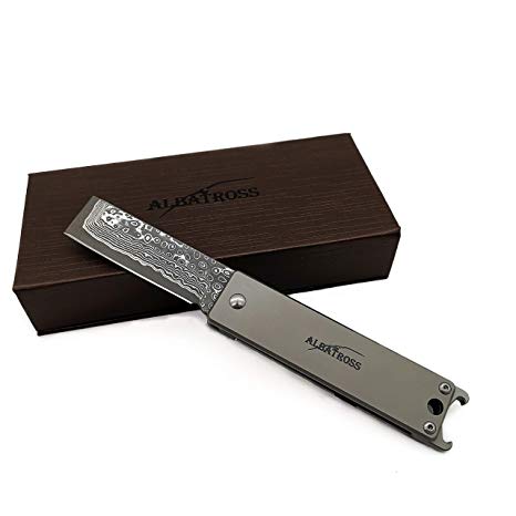 ALBATROSS EDC Mini Folding Camping Pocket Knife with Bottle Opener, Damascus Steel Blade&Titanium Alloy Handle, Gifts/Collections