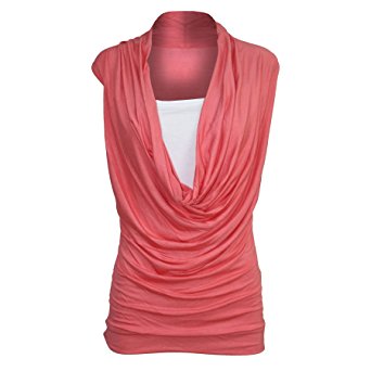 Oops Outlet Women's Ruched Cowl Neck Vest 2 In 1 Sleeveless Jersey Tank Top