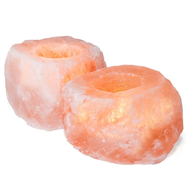 Crystal Allies Natural Pink Himalayan Salt Tea Light Candle Holders with Authentic Crystal Allies Info Card, Pack of 2