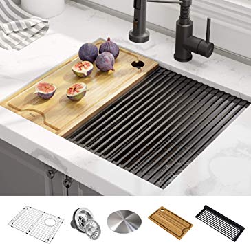 KRAUS KWU111-23 Kore Workstation 23-inch Undermount 16 Gauge Single Bowl Stainless Steel Kitchen Sink with Integrated Ledge and Accessories (Pack of 5)