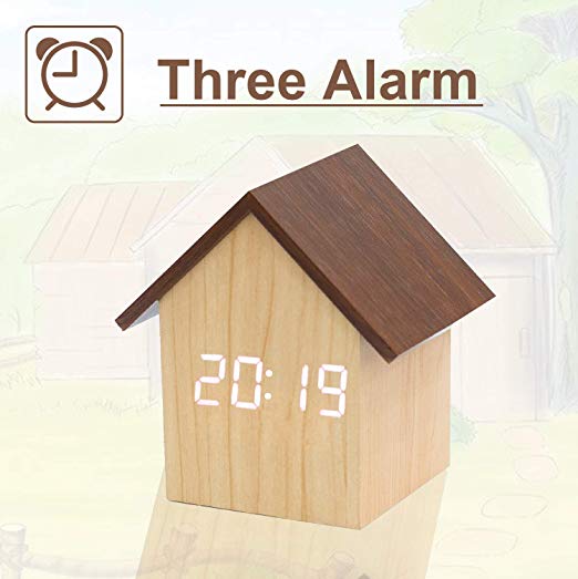 【Upgraded House Style Design】 Digital Alarm Clock, with Wooden Electronic LED Time Display, Dual Plus Upgraded 3 Alarms, Small Mini Wood Made Clock for Bedroom, Bedside, Office, Yellow