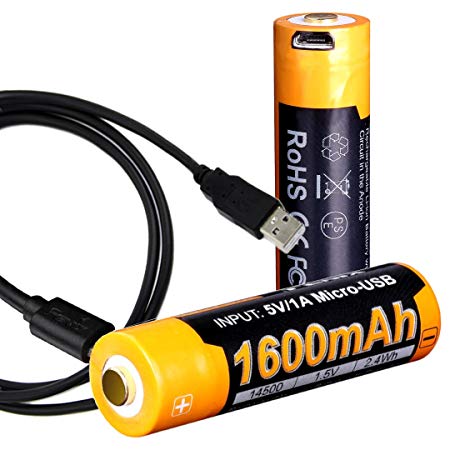 TWO PACK: Fenix ARB-L14-1600U USB Rechargeable 1.5V 1600mAh High-Capacity 14500 (Li-Ion AA alternative) Batteries (x2) with LumenTac USB Charging Cable