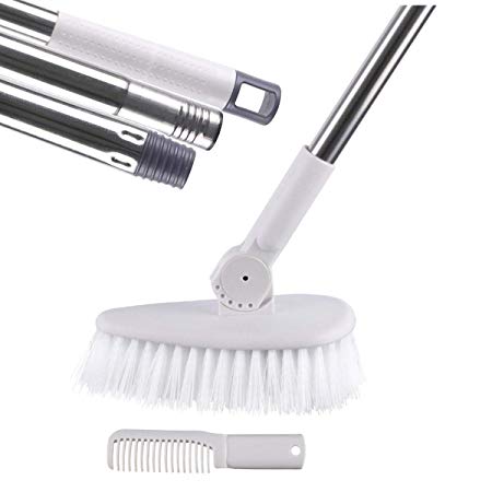 MEIBEI Tub & Tile Scrub Brush with Long Handle- 53", Stiff Bristle Brush with Comb for Clean Grout, Bathroom, Deck and Kitchen, New Update Swivel Head, Sturdy and Durable