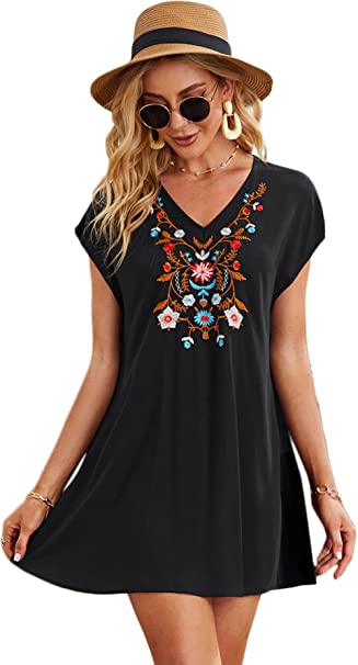 Milumia Women's Floral Embroidery V Neck Cap Sleeve Casual Short Tunic Dress