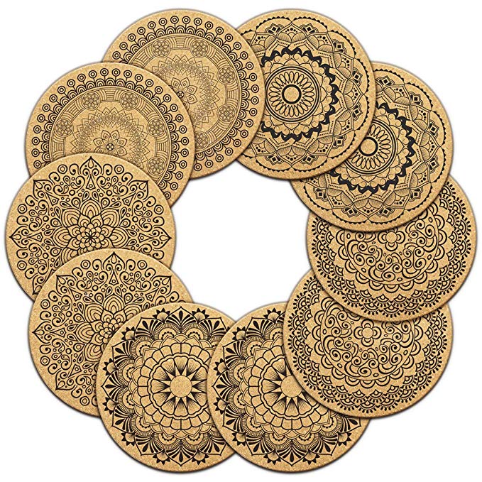 Cork Coasters For Drinks Absorbent and Reusable by Teivio - 4 Inches Perfect for Most Kind of Glasses - 1/5" Thick Mandala Style - Set of 10