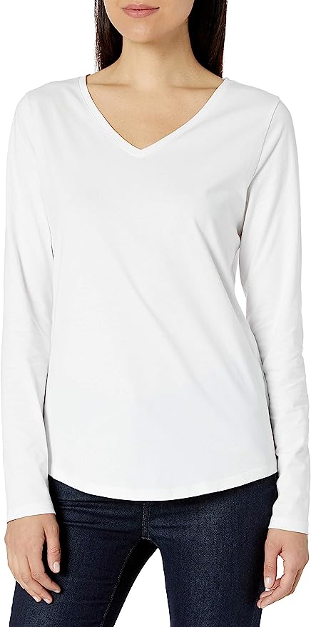 Amazon Essentials Women's Classic-Fit 100% Cotton Long-Sleeve V-Neck T-Shirt