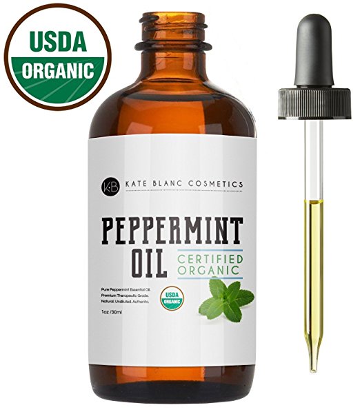 Peppermint Oil (1oz), USDA Certified Organic, 100% Pure, Natural, & Authentic from Kate Blanc. Premium Therapeutic Grade, Cold-Pressed. Reduce Sore Muscles. Moisturize Hair. Repel Mice and Spiders