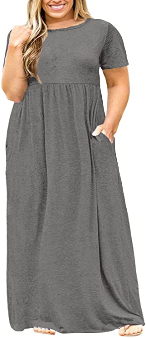 Nemidor Women Short Sleeve Loose Plain Casual Plus Size Long Maxi Dress with Pockets