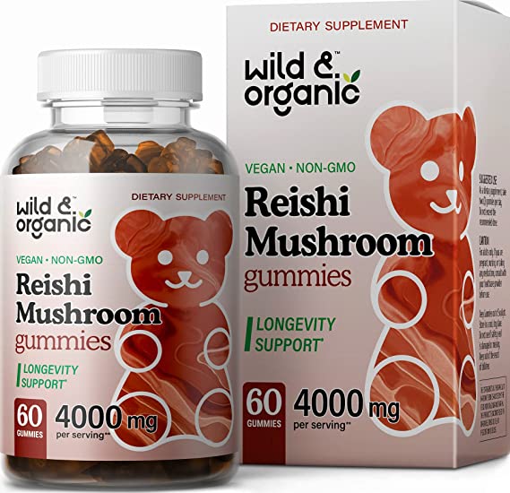 Wild & Organic Reishi Mushroom Gummies - 4:1 Organic Ganoderma Lucidum Extract - Natural Herbal Supplement to Assist Immune System Function, Rest, Heart Health, Energy Levels - 1000mg, 60 Chewables