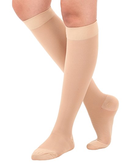 Made in USA - Opaque Compression Socks - Knee-Hi - Firm Support - Closed Toe 20-30mmHg Graduated Compression Stockings (Large, Beige) Support Socks for men and woman