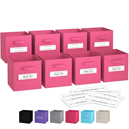 Royexe Set of 8 Foldable Fabric Storage Cubes | Features Dual Handles & Large Easy-to-read Label Window with 10 Pre-Cut Label Inserts | Collapsible Cloth Organizer Bins Baskets Containers (Pink)