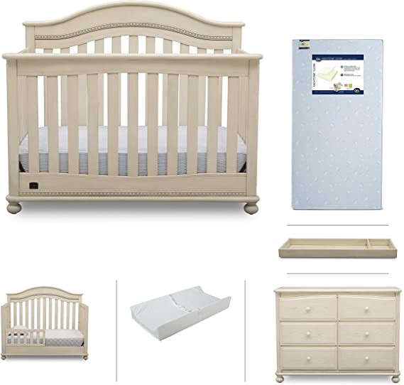 Nursery Baby Furniture Set - 6 Pieces Including Convertible Crib, Dresser, Crib Mattress, Toddler Rail, Changing Top and Changing Pad - Simmons Kids Bristol Collection - Antique White