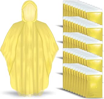 Better Office Products Disposable Yellow Rain Ponchos with Hood for Adults, Emergency Ponchos, Lightweight, Non-Toxic