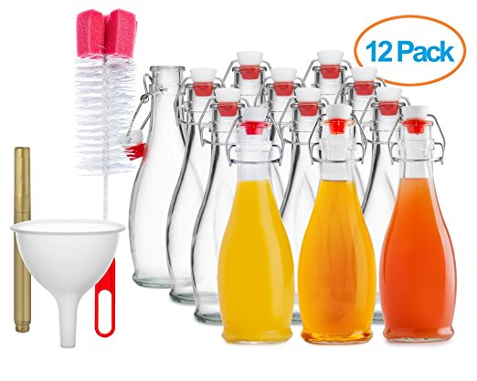 Dinercap 11.8 oz 12 Pack Clear Glass Beverage Bottle & Bundle With Stopper | Funnel | Bottle Brush and Glass Marker