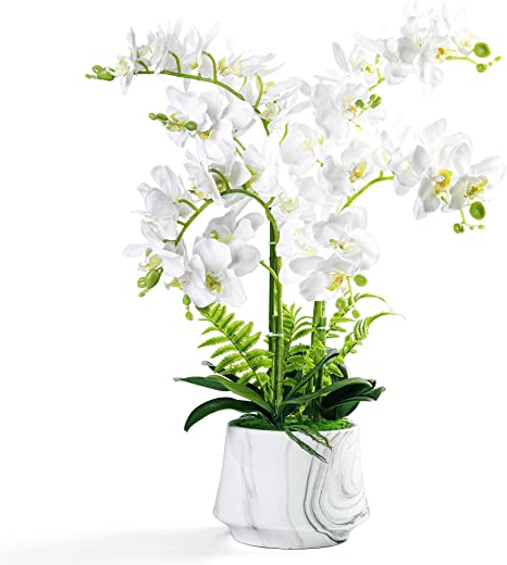 Artificial Silk Orchid Flowers Arrangement in Vase, Fake Faux Orchid Plant in Ceramic Pot, Orchid Artificial Plants and Flowers with Vase, for Home Office Decor Indoor, White 03