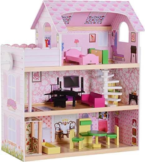 HOMCOM Casa de Muñecas con 13pcs 60x30x71,5 cm Muebles Mobiliario Casita Muñeca Juguete Madera 3 Pisos Casa de Juguete Bella de Madera Rosa