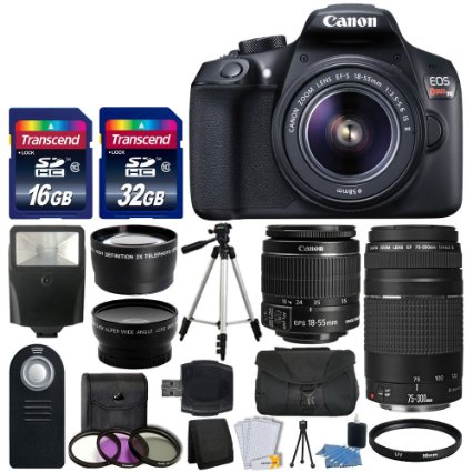 Canon EOS Rebel T6 Digital SLR Camera   Canon 18-55mm EF-S f/3.5-5.6 IS II Lens & EF 75-300mm f/4-5.6 III Lens   Wide Angle Lens   58mm 2x Lens   Auto Power Flash   48GB SDHC Card   Accessory Bundle
